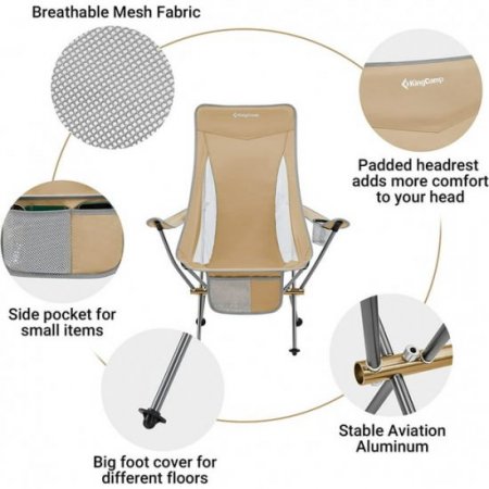 KingCamp High Back Camping Chairs Lightweight Compact Folding Chair with Armrest & Side Pocket & Carry Bag, Supports 265 lbs Khaki