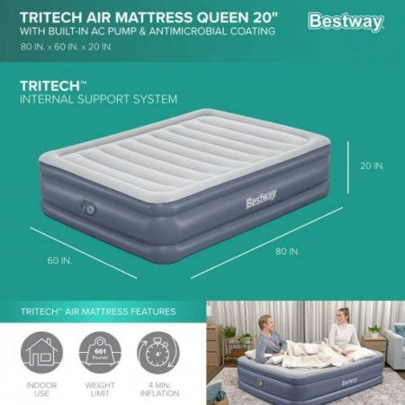 Bestway Tritech 20" Antimicrobial Air Mattress with Built-in AC Pump, Queen