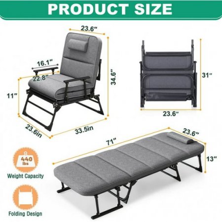 Slsy 3 in 1 Folding Sofa Bed, Portable Folding Bed with Mattress & Pillow, 6 Position Adjustable Convertible Chair, Rollaway Guest Bed Fold Out Bed