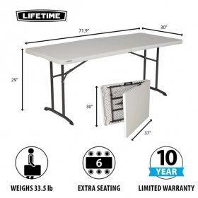 Lifetime 6 Foot Rectangle Fold-in-Half Table, Indoor/Outdoor Commercial Grade, Almond (80382)