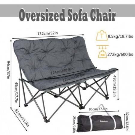 KingCamp Double Camping Chair For Adult, Oversized Padded Loveseat Sofa, Folding Lawn Chair Support 600lbs, Grey