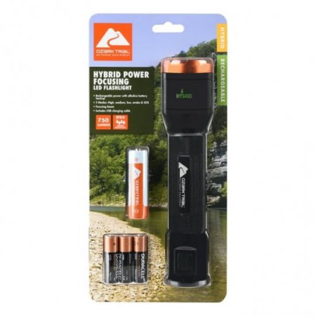 Ozark Trail 750 Lumens LED Hybrid Power Flashlight(4 AA Alkaline and Rechargeable Batteries), Black