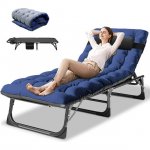 Slsy Folding Camping Cots for Adults, Adjustable 4-Position Reclining Folding Chaise with Mattress & Pillow, Portable Folding Lounge Chair Sleeping Cots Bed