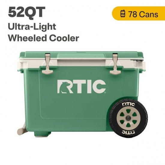 RTIC 52 QT Ultra-Light Wheeled Hard-Sided Ice Chest Cooler, Sage/Beach, Fits 78 Cans