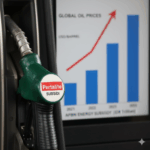 Pompa bensin Pertalite bersubsidi dengan latar belakang grafik alokasi subsidi energi APBN Indonesia.